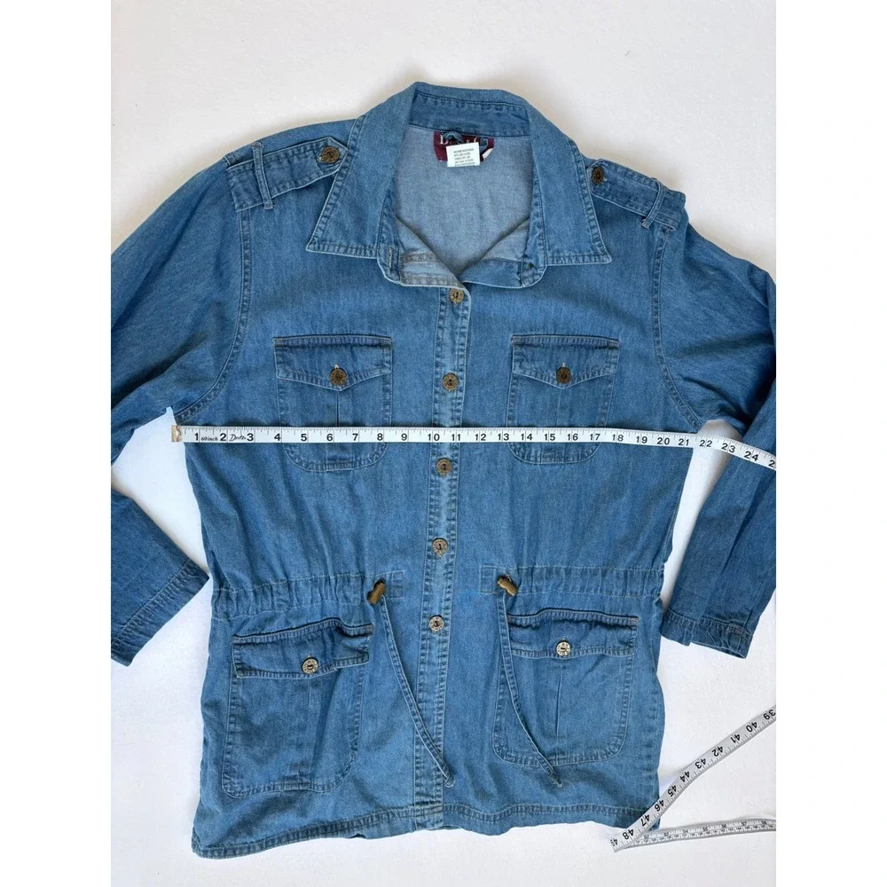 LEI Vintage Denim Utility Jacket Medium Wash Drawstring Waist Cargo Pockets M